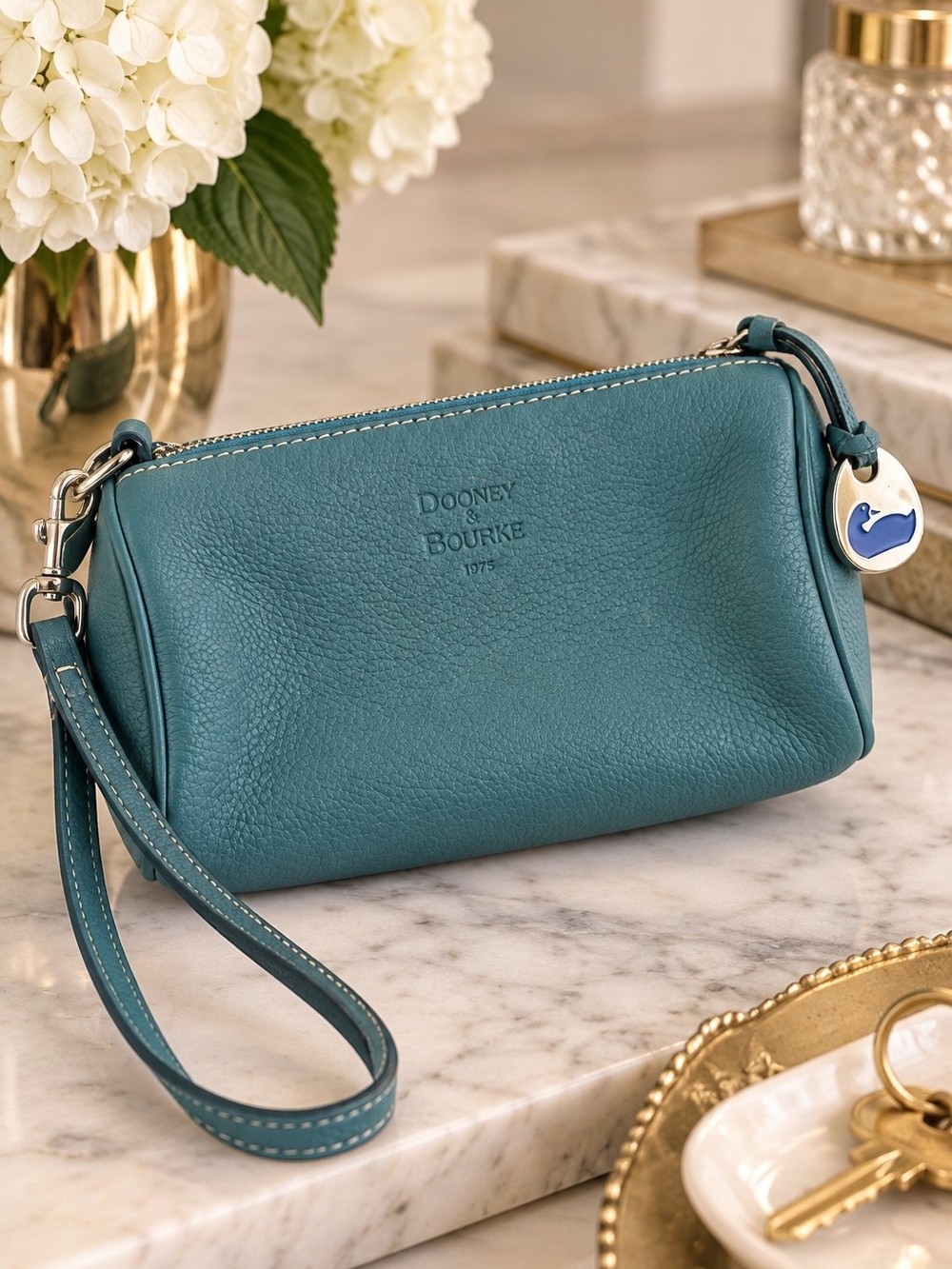 Dooney & Bourke Teal Pebbled Leather Wristlet Duck Charm Zip Pouch